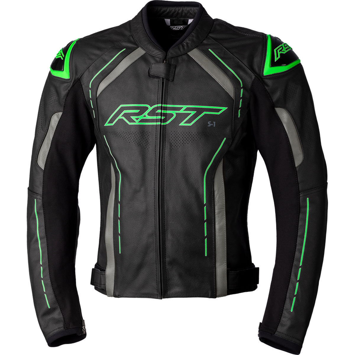 RST S1 CE Leather Jacket CLOSEOUT Black/Grey/Neon Green