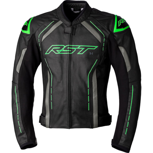 RST S1 CE Leather Jacket CLOSEOUT Black/Grey/Neon Green
