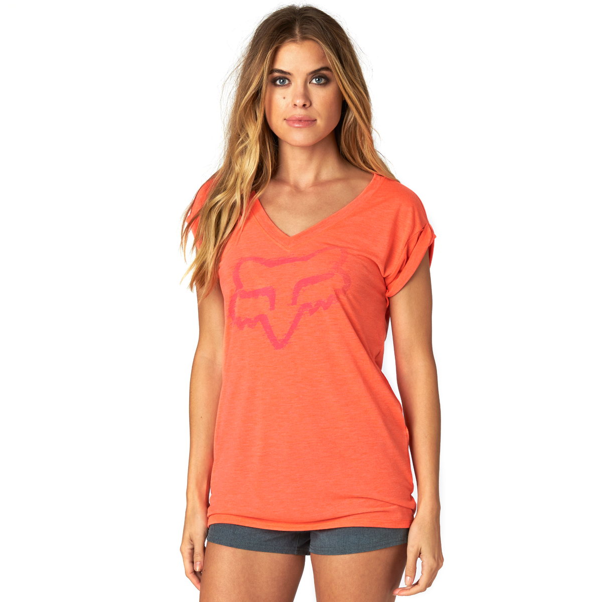 Fox Racing Womens Extent V-Neck Roll Sleeve Tee CLOSEOUT - Flo Orange