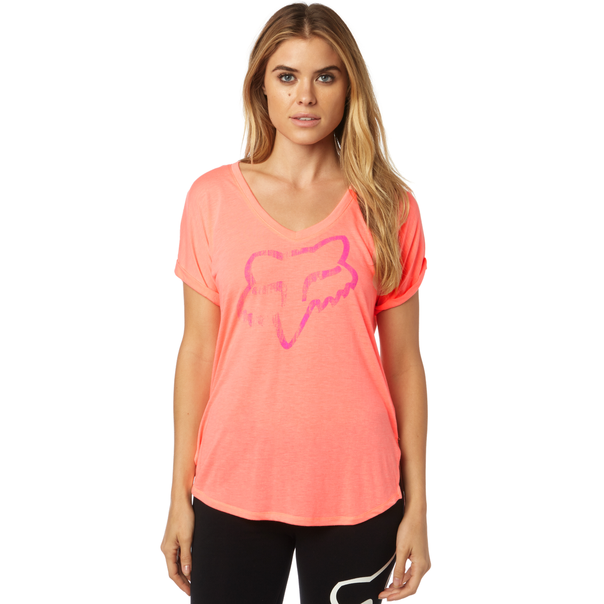Fox Racing Womens Responded V-Nveck Roll Sleeve Tee CLOSEOUT - Melon