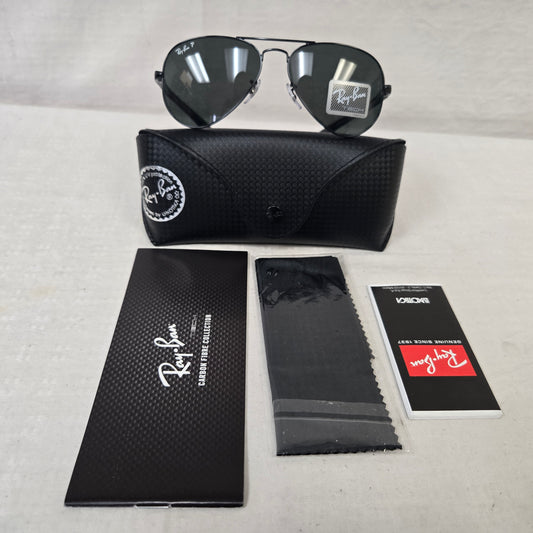 Ray Ban Aviator Carbon Fibre Oval Sunglasses Black Frame/Crystal Polar Green Lens RB8307