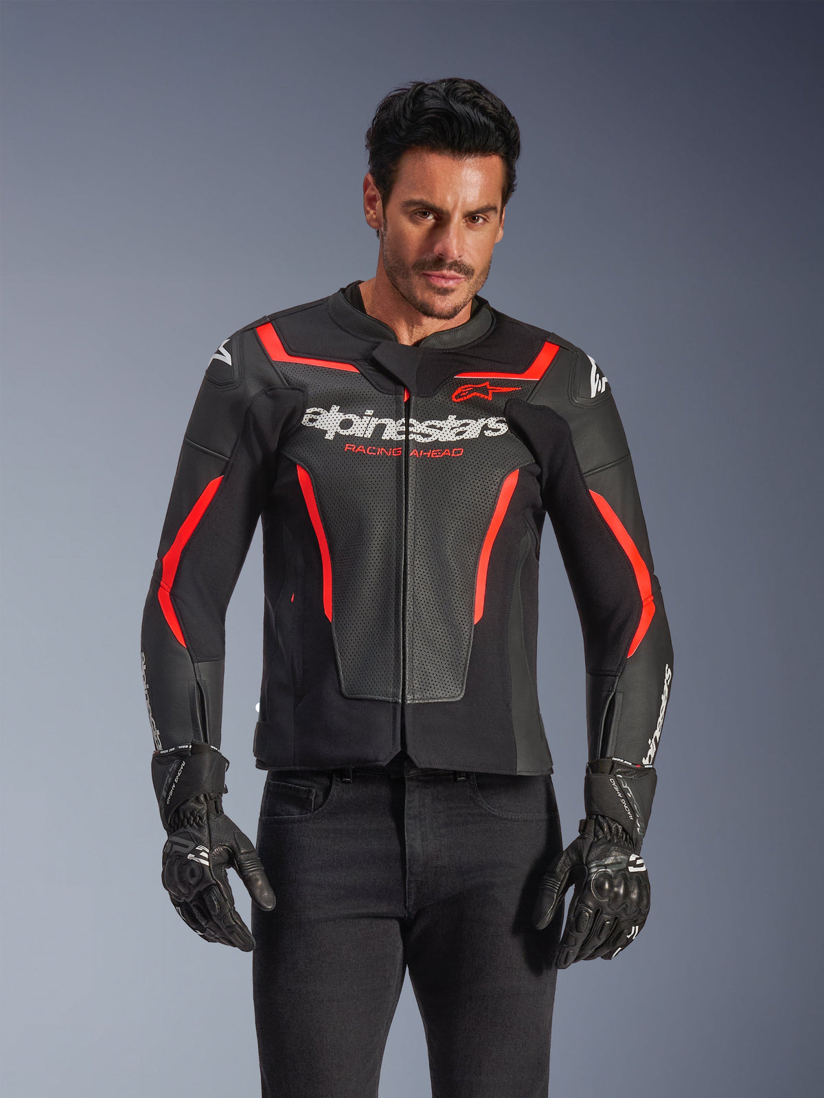 Alpinestars GP Force V2 Air Leather Jacket - Black/Red Fluo