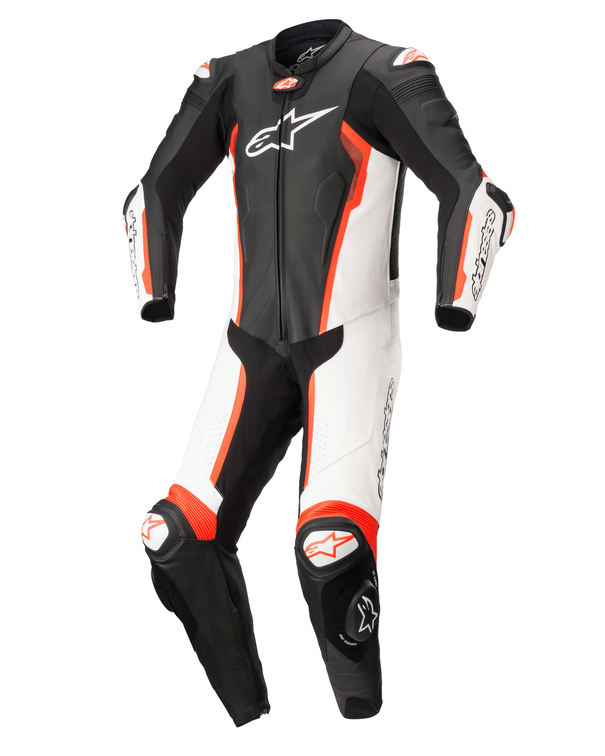 Alpinestars Missile v2 1-Piece Leather Suit CLOSEOUT - Black/White/Red Fluo