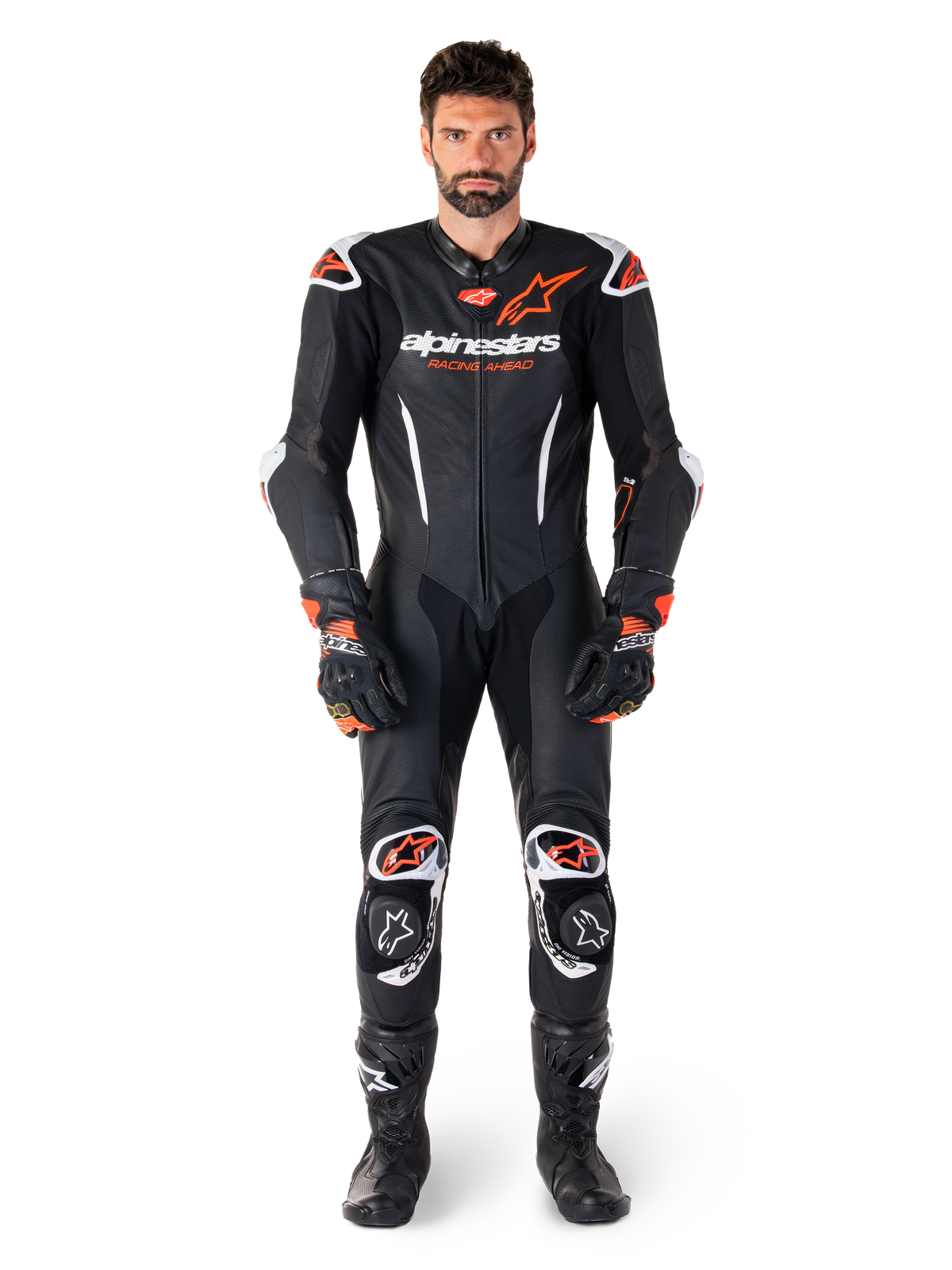 Alpinestars GP-R7 1-PC Leather Suit - Black/White/Red Fluo