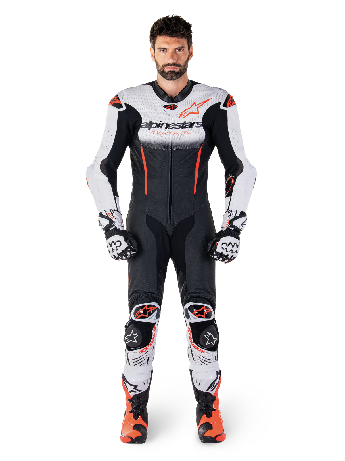 Alpinestars GP-R7 1-PC Leather Suit - White/Black/Red Fluo