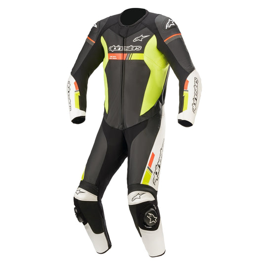 Alpinestars GP Force Chaser 1-Piece Leather Suit CLOSEOUT - Black/White/Red Fluo/Yellow Fluo