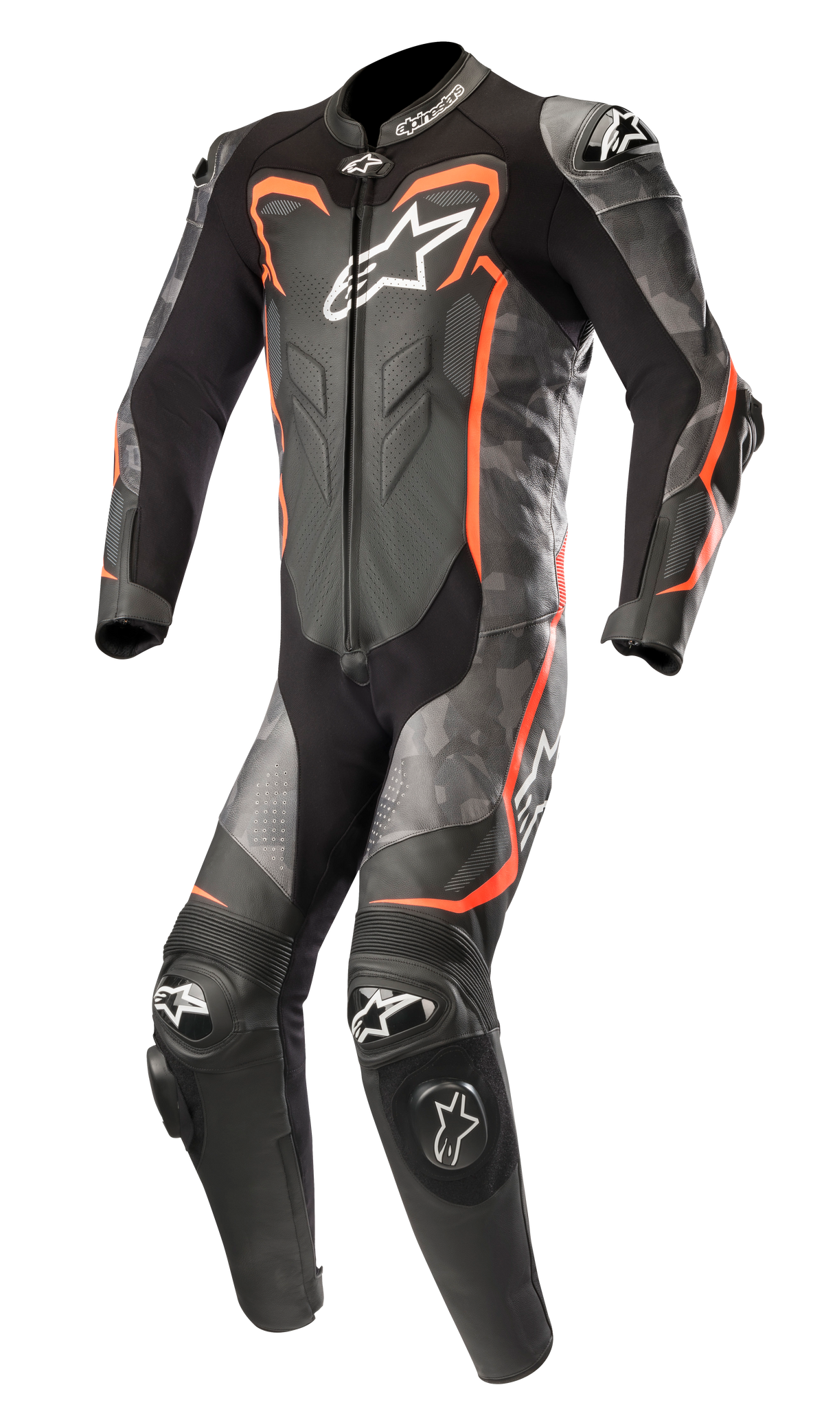 Alpinestars GP Plus v2 Camo 1-Piece Leather Suit CLOSEOUT - Black/Camo/Red Fluorescent