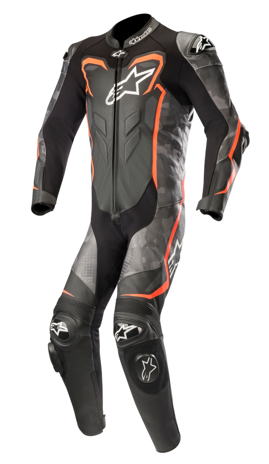 Alpinestars GP Plus v2 Camo 1-Piece Leather Suit CLOSEOUT - Black/Camo/Red Fluorescent