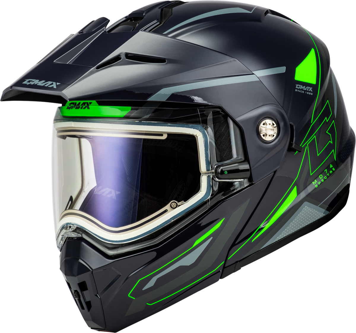 GMAX MD-74S Spectre Modular Helmet w/Electric Shield CLOSEOUT Grey/Neon Green