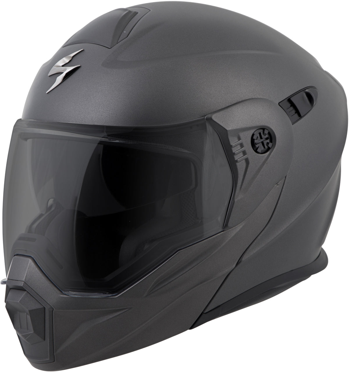 scorpion at-950 modular helmet EXO-AT950 Outrigger - Electric Shield - Matte Grey tinted visor for improved visual contrast in winter terrain Scorpion EXO-AT950 Solid Modular Helmet