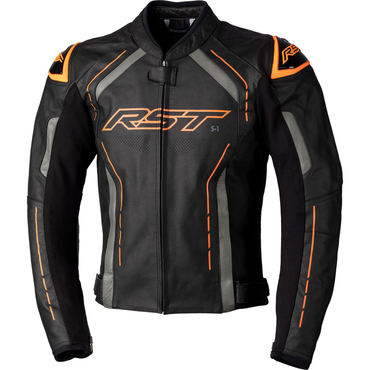RST S1 CE Leather Jacket CLOSEOUT Black/Grey/Neon Orange
