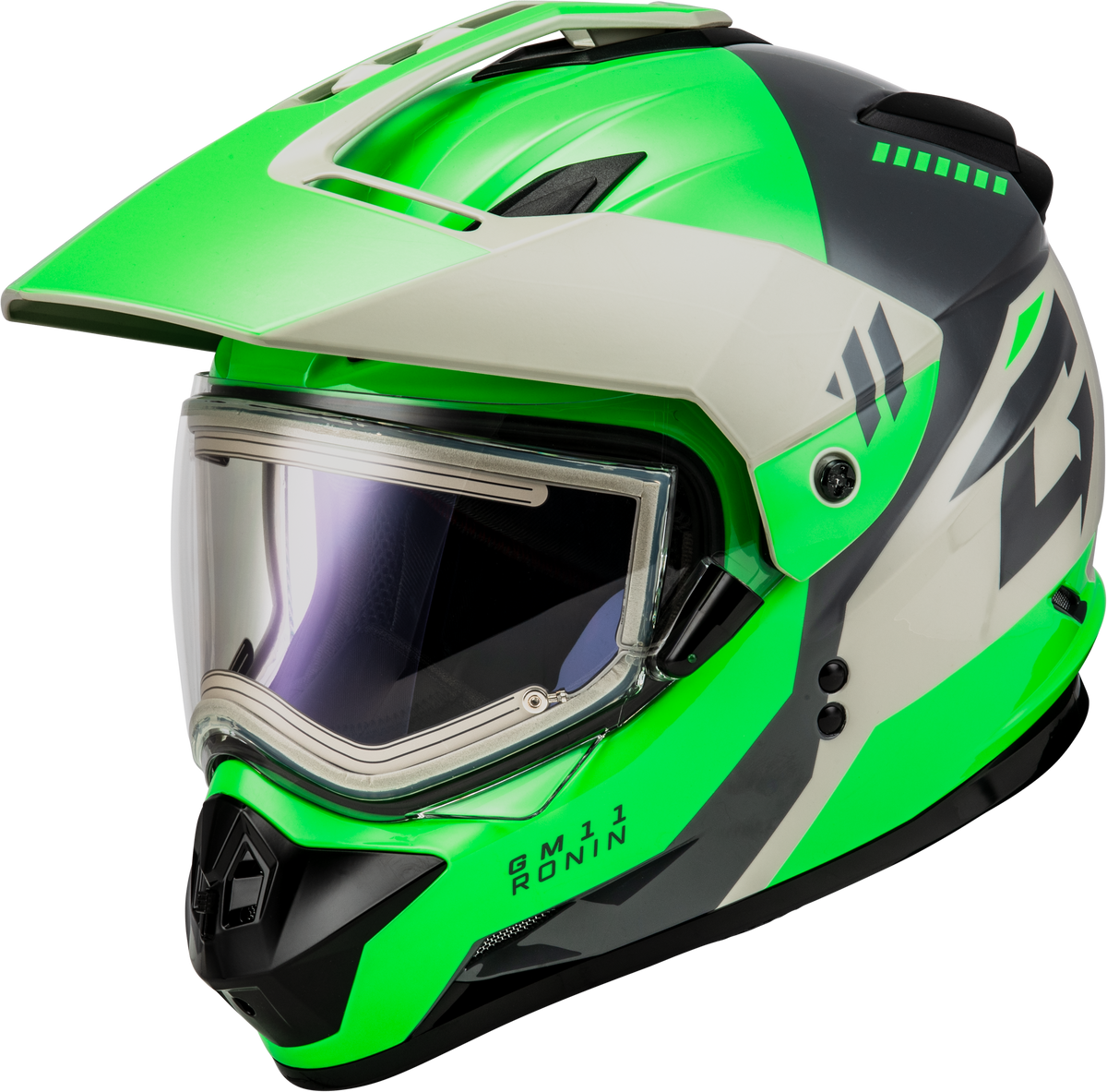 GMAX GM-11S Ronin Helmet W/Electric Shield CLOSEOUT Green/Grey